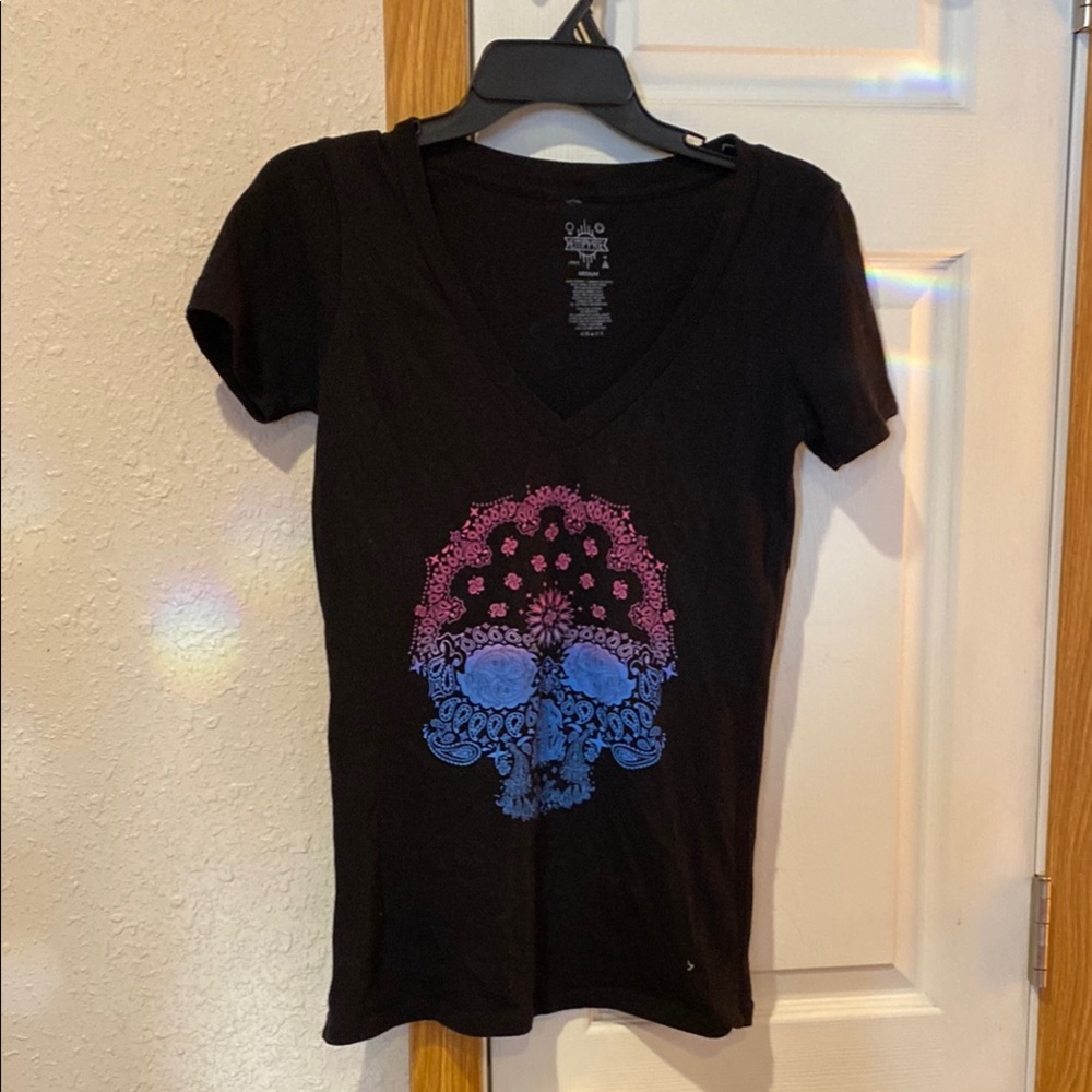 Women's Black V-Neck Tee with Pink and Blue Skull Design